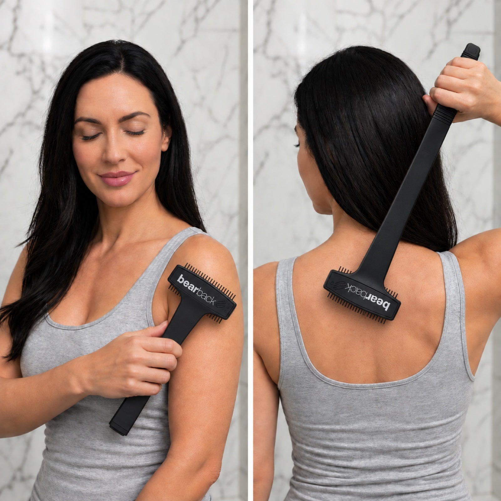The same woman using the Bearback scratcher folded on her upper arm and extended on her back