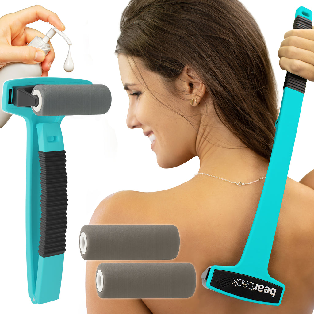 Woman using a Bearback folding lotion applicator to roll sunscreen onto her back