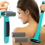 Load image into Gallery viewer, Woman using a Bearback folding lotion applicator to roll sunscreen onto her back
