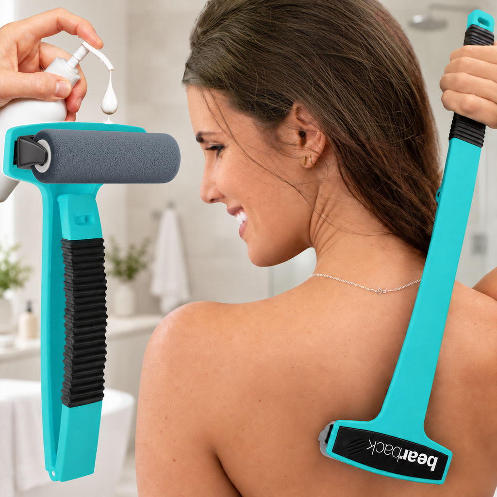 Woman applying lotion to her back with the teal Bearback lotion applicator, with folded applicator and lotion-loading detail