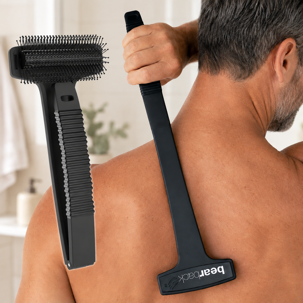 Bearback back scratcher extended in use, with a folded scratcher showing flexible bead-tipped bristles