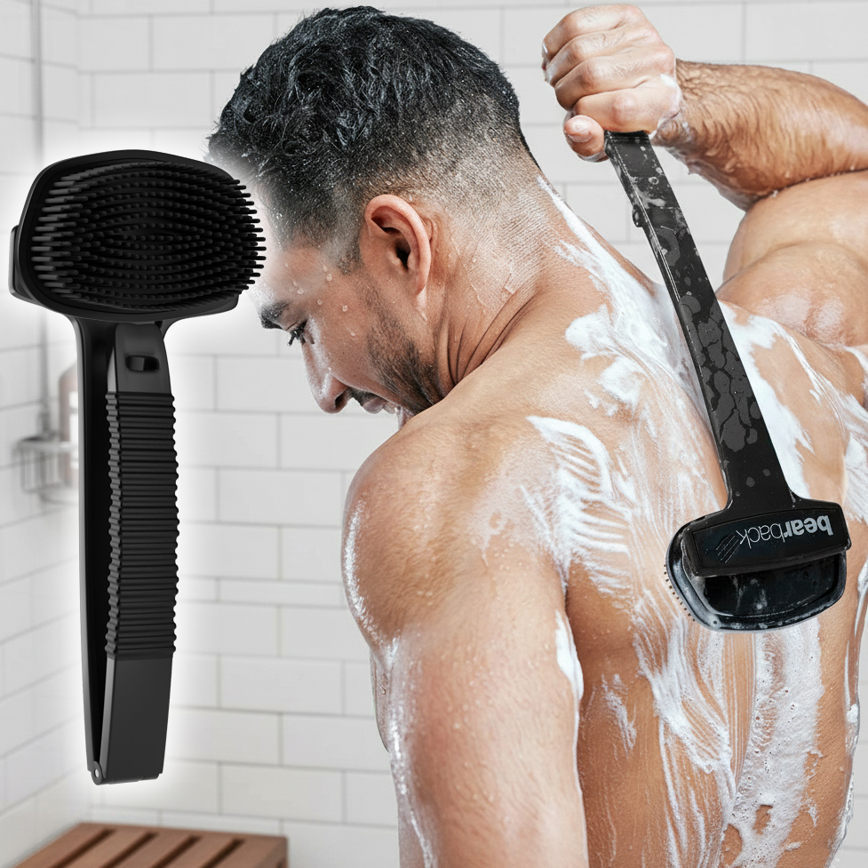 Man washing his back with the extended Bearback scrubber, alongside a folded scrubber showing silicone bristles