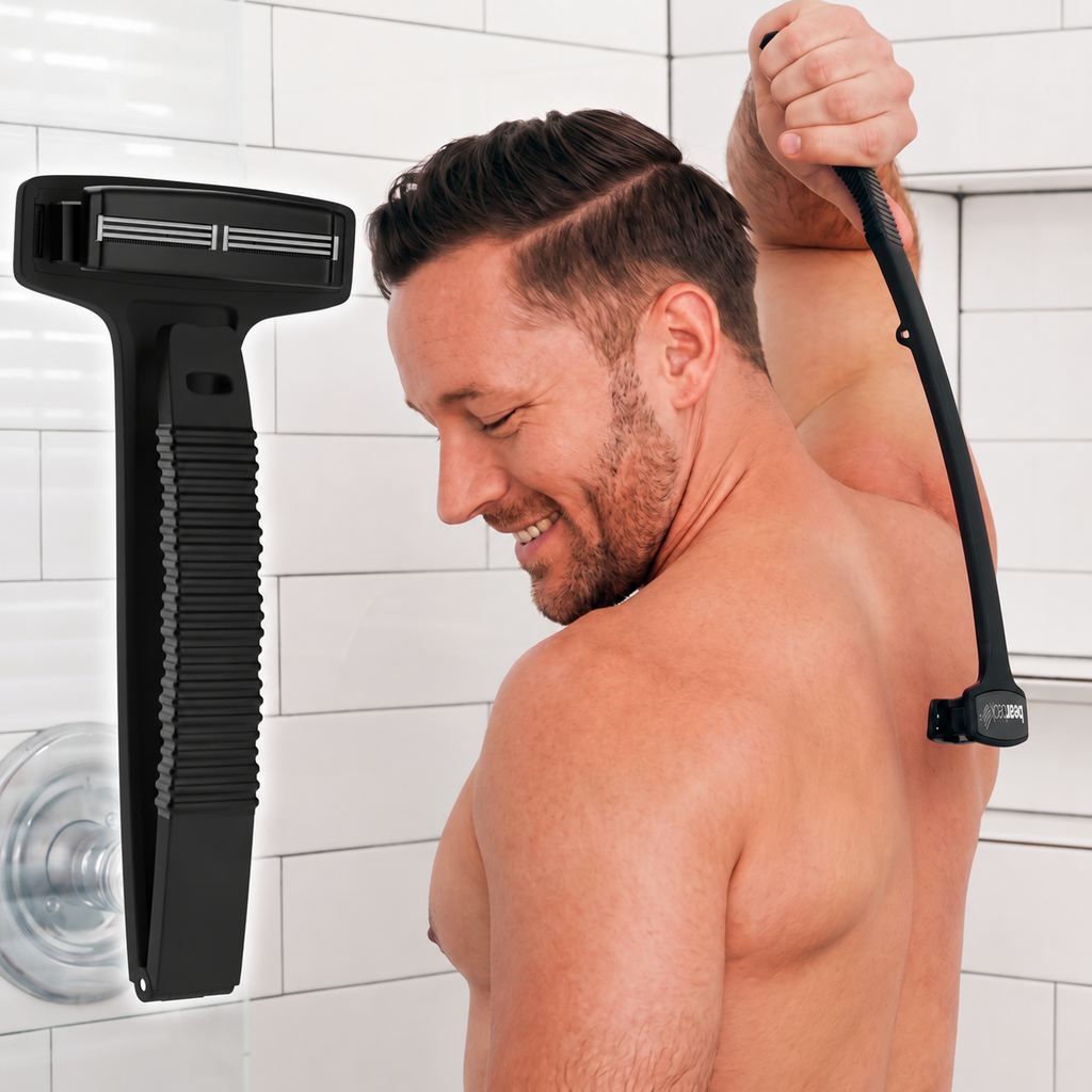 Man shaving his back with the extended Bearback shaver beside a folded shaver showing the blades