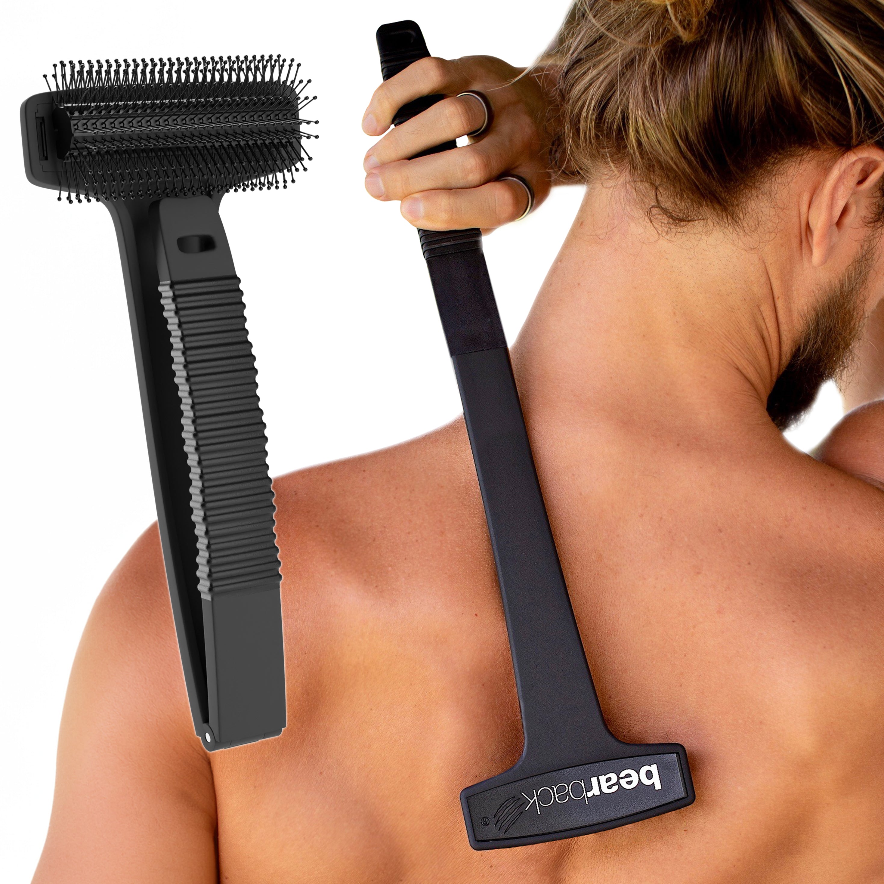 Man using a black bearback back scratcher to scratch his back