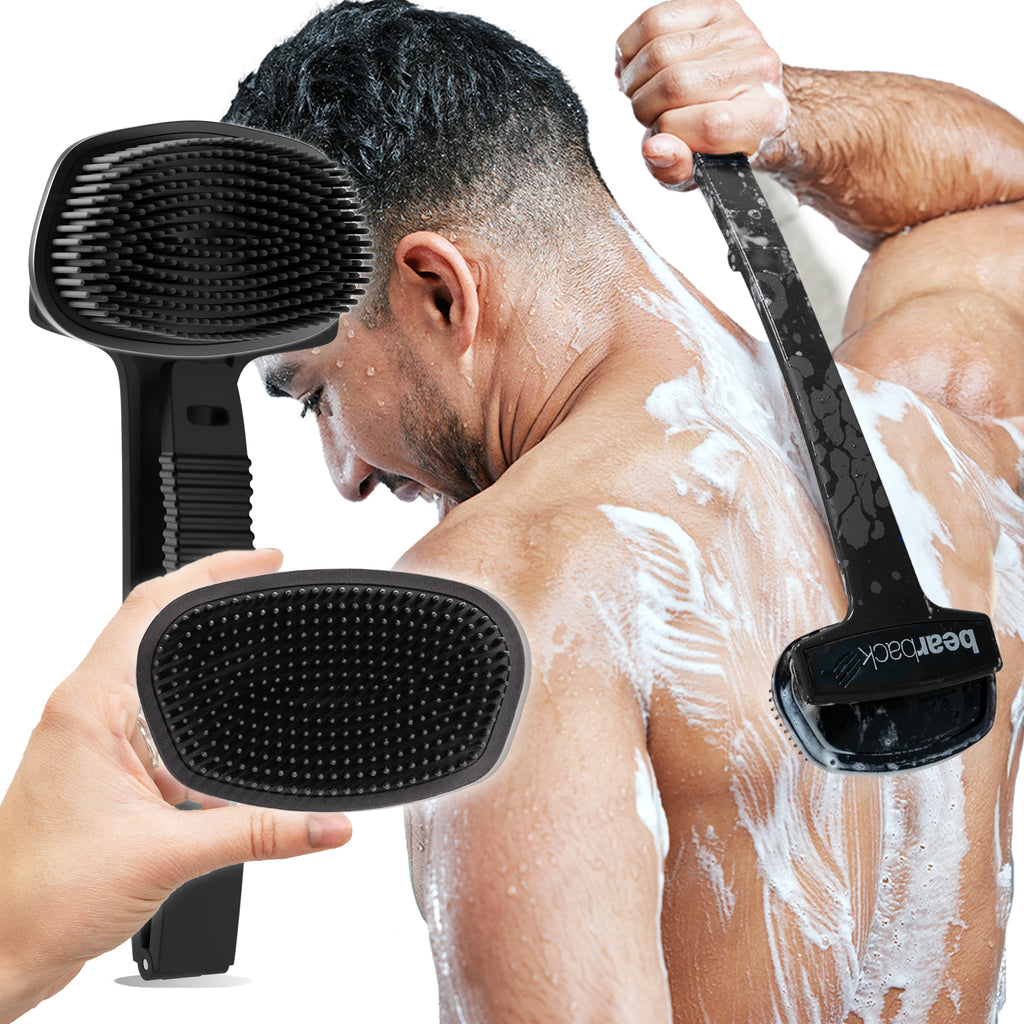 Man using Bearback Body Scrubber to wash soapy back, with folded handle view and close-up of scrubber held by hand.
