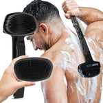 Load image into Gallery viewer, Man using Bearback Body Scrubber to wash soapy back, with folded handle view and close-up of scrubber held by hand.
