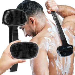 Man using Bearback Body Scrubber to wash soapy back, with folded handle view and close-up of scrubber held by hand.