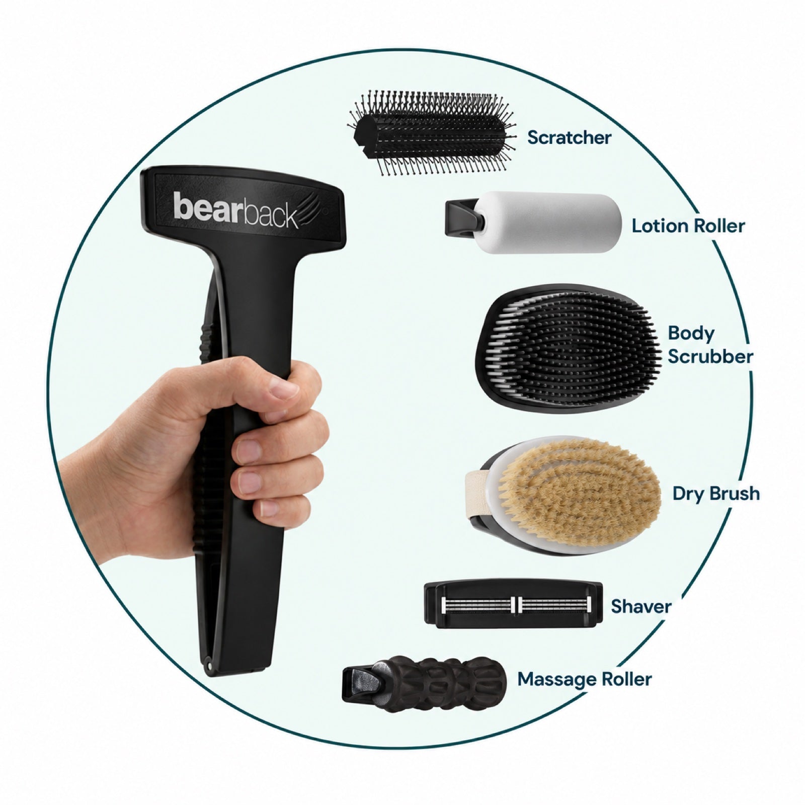 A hand holding the folded Bearback handle, surrounded by six compatible attachments: scratcher, lotion roller, body scrubber, dry brush, shaver, and massage roller